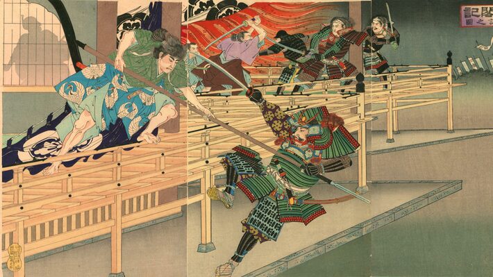楊斎延一『真書太閤記 本能寺焼討之図』、大判錦絵三枚続、明治26年