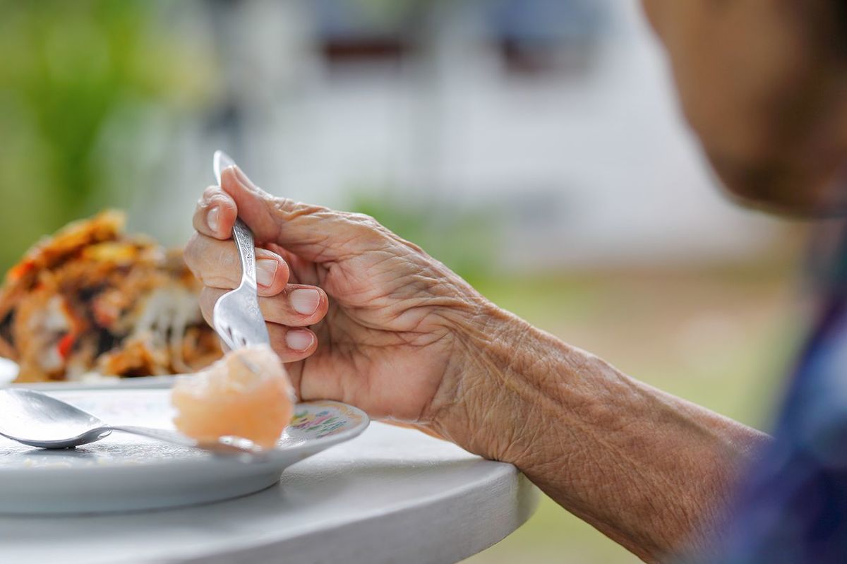高齢の女性は裏庭で朝食を食べる