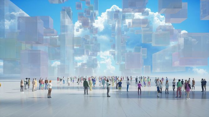 無数の透明なキューブが浮かぶ近未来的な空間と、そこに集まる人々