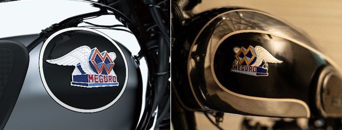 新旧のメグロエンブレム。左が現行「K3」、右が1954年発売「ジュニア S2」のもの