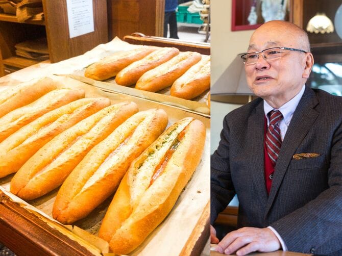 「明太フランス」（左）と元祖店フルフルの3代目社長・古田量平さん