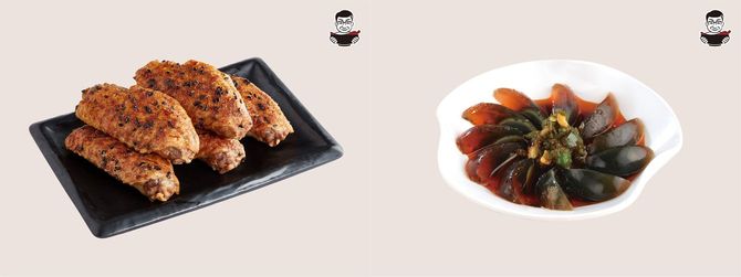 （左）サイドメニューの一番人気、トーフェイチキン。（右）ピータンも根強い人気を誇る。