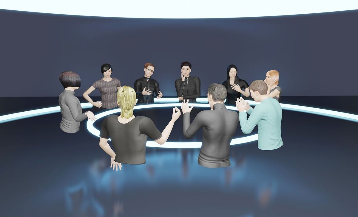 メタバースのクラスとミーティング VRメガネ メタバースの世界の人々のアバターとサンドボックスの3Dイラスト