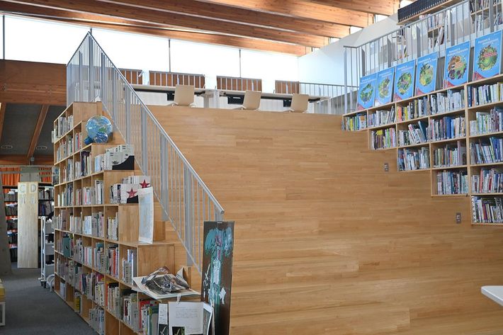 国際バカロレア教育において、学校図書館は重要な役割を担うという。「図書メディアセンター」の中央にある大きな階段は、生徒の発表の場にもなる。