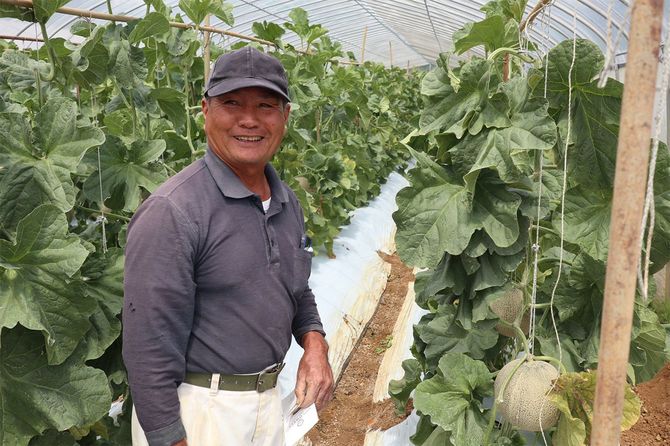 宮古島メロンを栽培する盛島賢有さん。「ピーアールというのはすごい力だね。たくさんの人に喜んでもらえ…もっといいもの作ろうってがんばれる。まだまだこれからですよ」＝4月5日、宮古島市内
