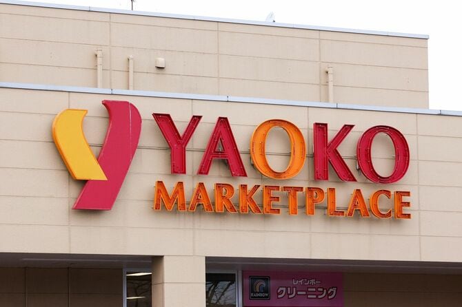 ヤオコーのロゴ、看板、外観。＝2023（令和5）年2月2日、埼玉県