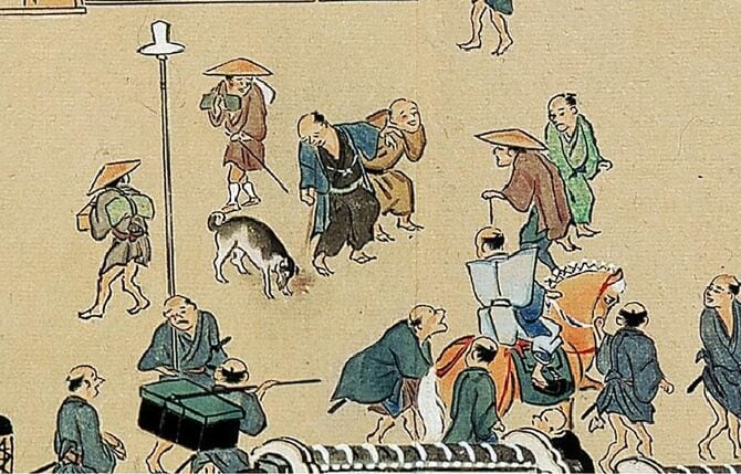 図⑤　ずぶ十二の酔っ払い。「戻したらもったいないワン！」。『熈代勝覧』。『江戸呑み』より。