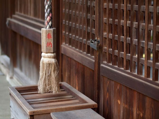神社の賽銭箱と「奉納」と書かれた木札がついた鈴緒