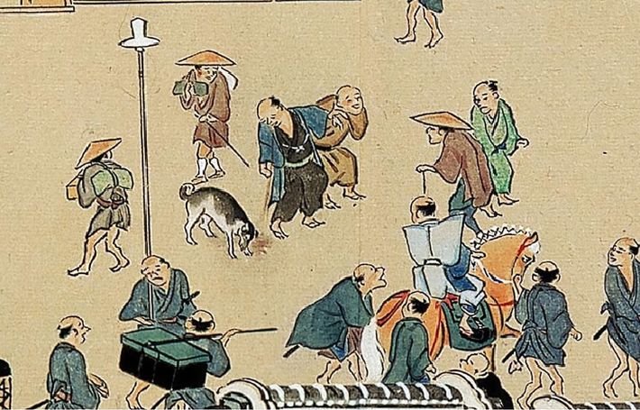 図⑤　ずぶ十二の酔っ払い。「戻したらもったいないワン！」。『熈代勝覧』。『<a href="https://www.amazon.co.jp/exec/obidos/ASIN/483344075X/presidentjp-22" target="_blank">江戸呑み</a>』より。