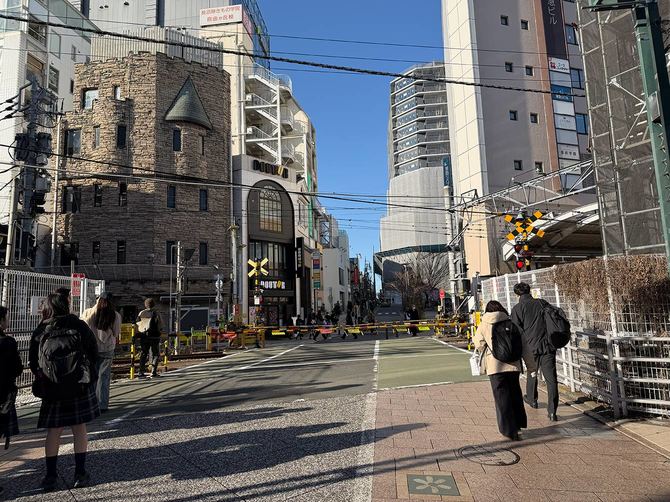 踏切、車と歩行者が交錯する道路