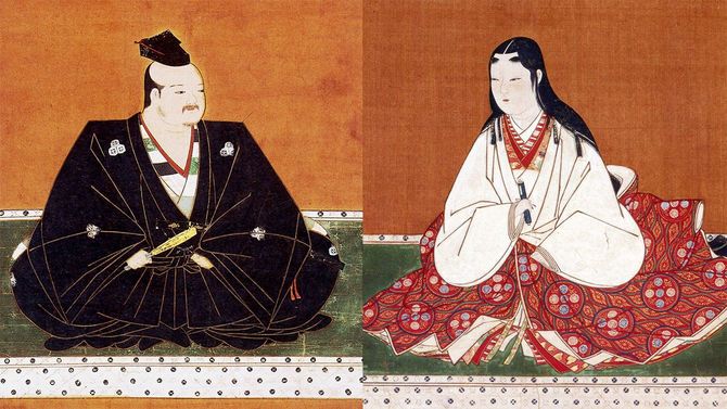 左：浅井長政の肖像画（部分）、右：浅井長政夫人（お市の方）の肖像画