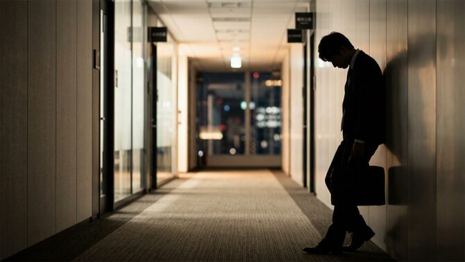 会社の廊下でうなだれる人