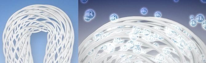 （写真右）水溶性の糸が溶けた反動で綿の糸が本来の方向に戻ろうとして大きく膨張／（写真左）糸の隙間に空気が入り込むことで、吸水性に富みふっくら風合いが持続する糸に