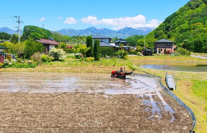 田んぼと山がある田舎の風景