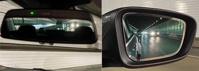 バックミラーとドアミラーから見える周囲のクルマの様子。ヘッドライトを点けないクルマはトンネルの中では目立たない