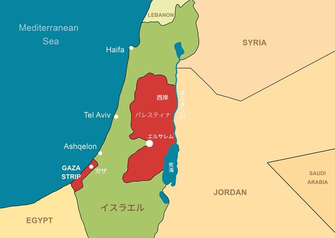 イスラエルとパレスチナ。ガザとヨルダン川西岸の地図