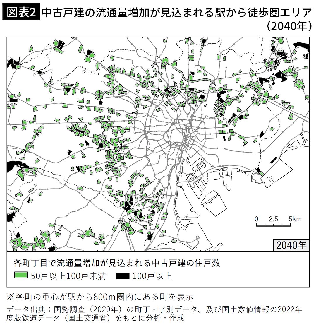 【図表2】中古戸建の流通量増加が見込まれる駅から徒歩圏エリア（2040年）