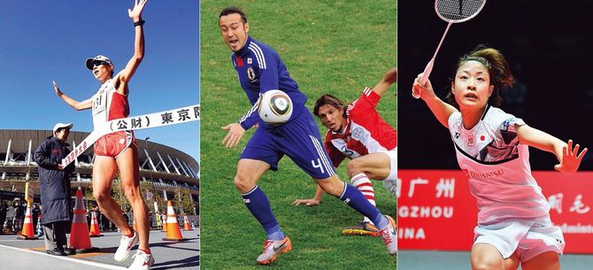左からロンドン五輪出場、東京五輪への出場が決まっている競歩・鈴木雄介、アテネ五輪出場のサッカー・田中マルクス闘莉王、リオ五輪出場の女子バドミントン・奥原希望。