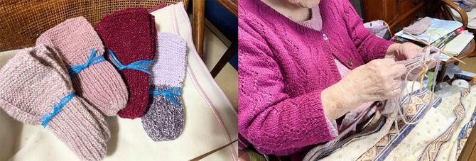 取材班もいただいた、手編みの靴下。ものすごく暖かい