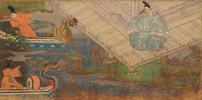 紫式部日記絵詞 第5段部分一条天皇の土御門邸行幸に備え、新造の竜頭鷁首の船を検分する藤原道長
