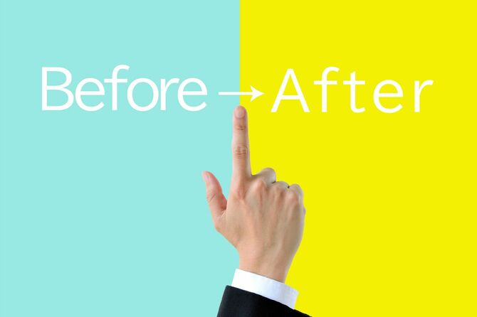 ビジネスマンの手と2色の背景に「前と後」という言葉