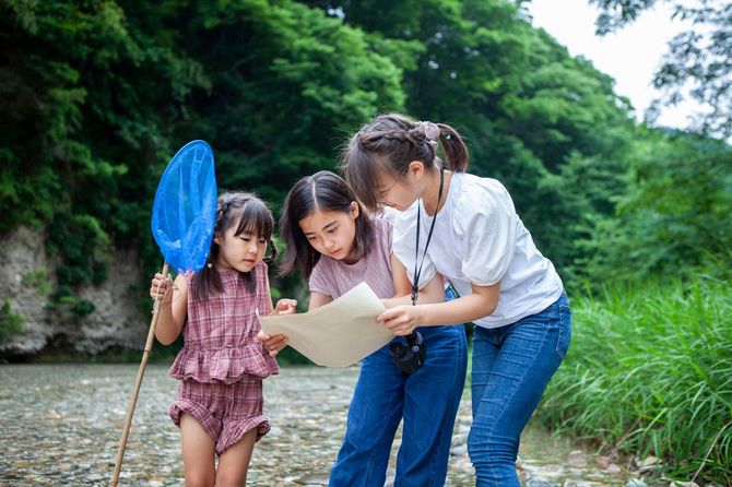 公園で地図を見る三姉妹