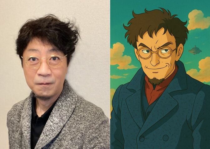 【画像1】左の写真を「『天空の城ラピュタ』風に描いて」と頼んでできたのが右の画像