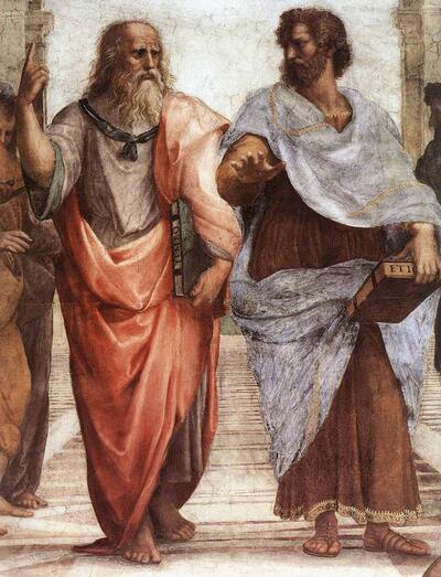 ラファエロの「アテナイの学堂」の中心的なパートにあたるアリストテレスとプラトンの部分
