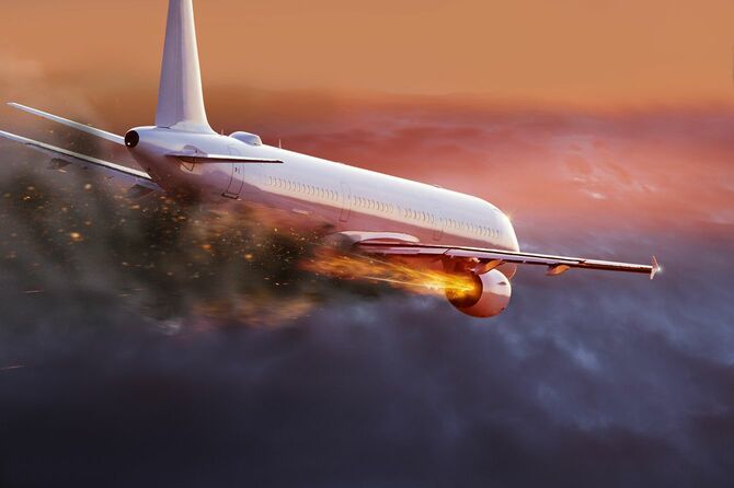 エンジンから出火している飛行機イメージ