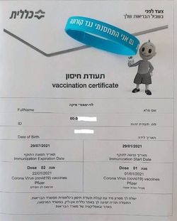 仮の接種済み証明書と腕輪（筆者提供）