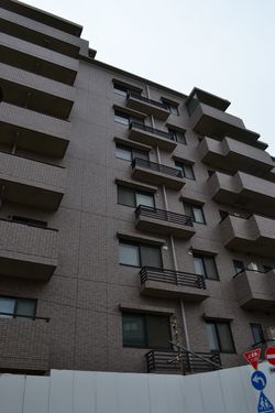 環七側から「東急ドエル・アルス世田谷フロレスタ」を見たところ。実際の真北の方角と図面がズレていると後で判明