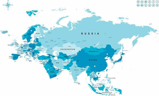 ユーラシア大陸が真ん中に配置された世界地図