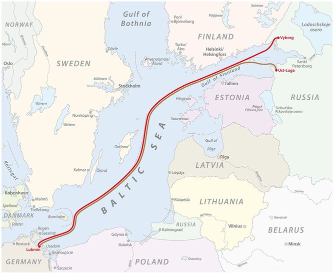 ロシアとドイツの間のバルト海ガスパイプラインの地図