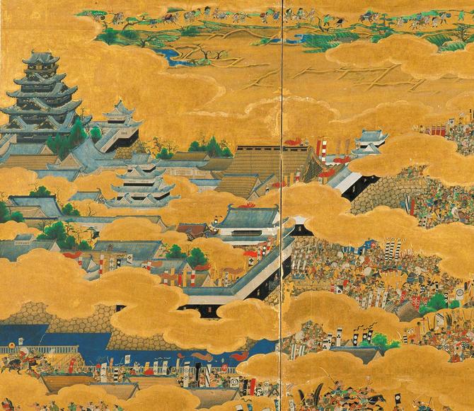 大坂夏の陣図屏風右隻（大阪城天守閣所蔵）に描かれている天正期大坂城天守