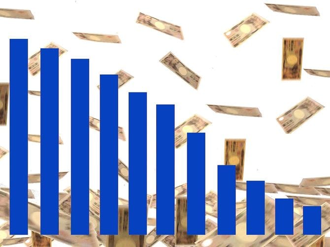 右肩下がりの棒グラフと宙に舞う紙幣