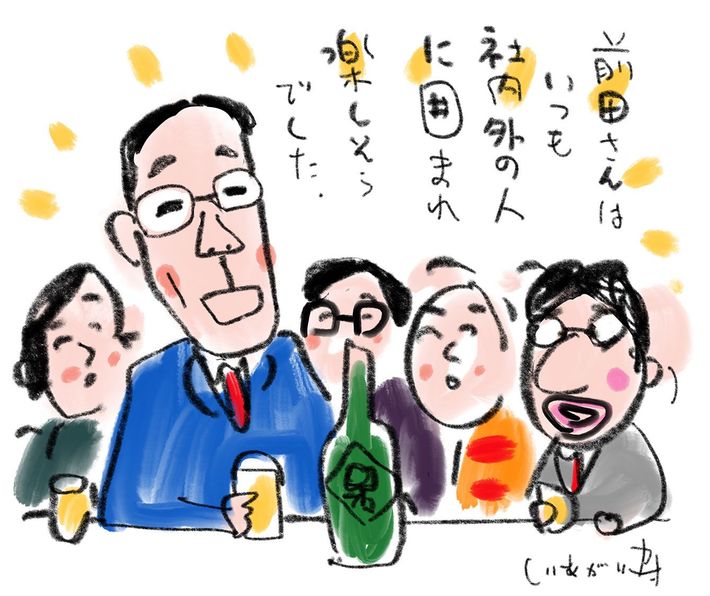 『<a href="https://www.amazon.co.jp/exec/obidos/ASIN/4833424606/presidentjp-22" target="_blank">キリンを作った男</a>』の発売を記念して、しりあがり寿氏が書き下ろした前田仁氏のイラスト