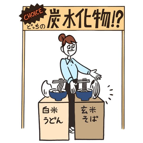 白米うどん、玄米そばと女性のイラスト