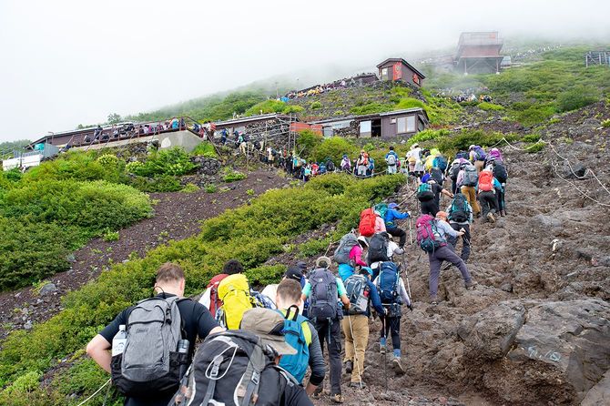 富士山の混雑した登山道