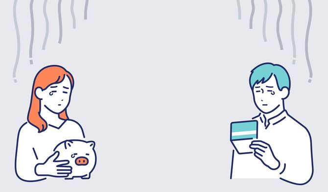 貯金箱を抱えて涙する女性と通帳をみて涙する男性のイラスト