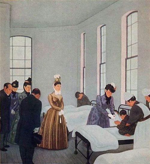 聖徳記念絵画館壁画『東京慈恵院行啓』（満谷国四郎画）、1887年（明治20年）5月9日、東京慈恵院を訪問した洋装の皇后（中央）