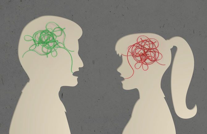 相対する男女の考えを表したイラストと毛糸のコラージュ