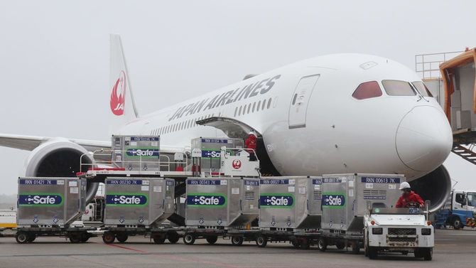 英アストラゼネカ製の新型コロナウイルスワクチンを台湾へ輸送する日本航空機の貨物積み込み作業＝2021年6月4日午前、成田空港