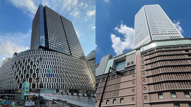 大阪梅田ツインタワーズサウス（左）と阪急百貨店と大阪梅田ツインタワー（右）
