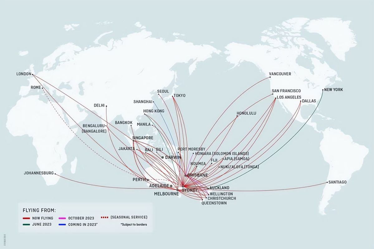 カンタス航空ウェブサイトより、カンタス航空の国際線ネットワーク地図
