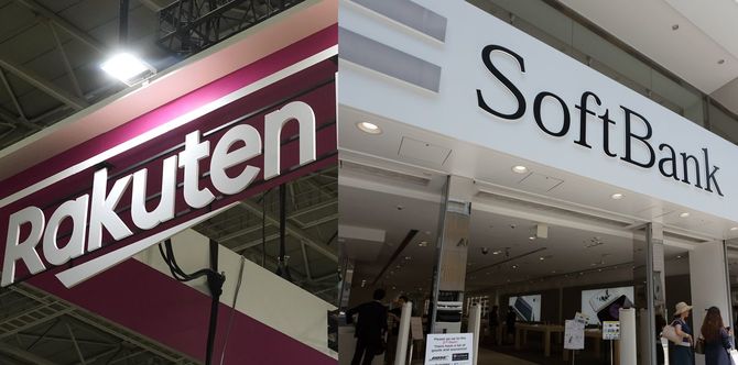写真左=4年ぶりに会場で開催された「Rakuten Optimism2023」に掲げられた楽天モバイルのロゴ、写真右=東京・銀座にあるソフトバンクショップ本店