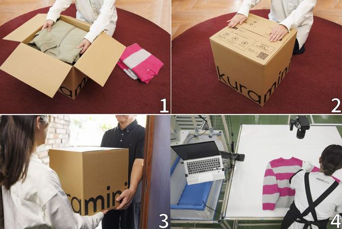 ミニクラの仕組みは、1 宅配便で届いた段ボールに預けたいものを詰める→2 梱包が終わったら →3 宅配便で送り返す →4 倉庫でスタッフが1点ずつ預けたものの撮影をする(「MONOプラン」レギュラーBOX 写真つきプランの場合)