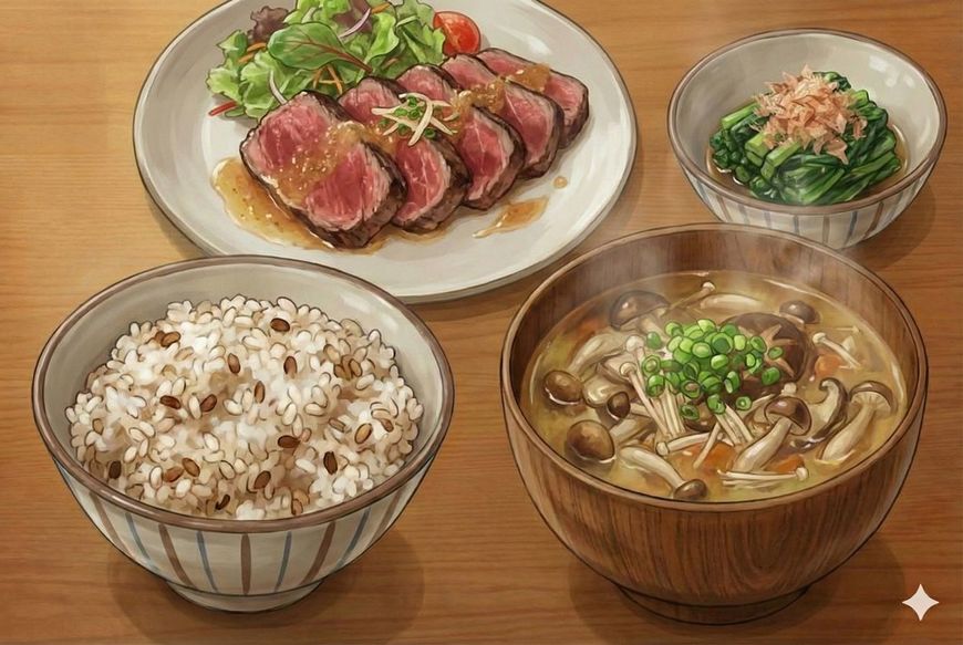 きのこ盛りだくさん味噌汁＋赤身肉のソテー＋青菜のおひたし＋もち麦ごはん