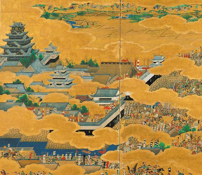 大坂夏の陣図屏風右隻（大阪城天守閣所蔵）に描かれている天正期大坂城天守