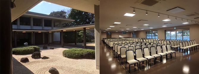 和の雰囲気を醸す中庭の回廊。待合室は懇親会場としても利用可能だった