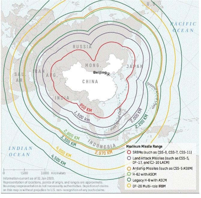 中国の中距離ミサイルの射程圏